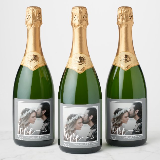 Modern Grey Love Script Photo Sparkling Wine Label (Bottles)