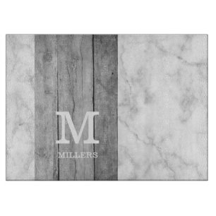  Modern Grey Marble And Wood Family Name Monogram  Cutting Board