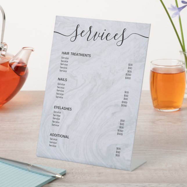Modern Grey Marble Salon Price List Service Menu Pedestal Sign (In SItu)