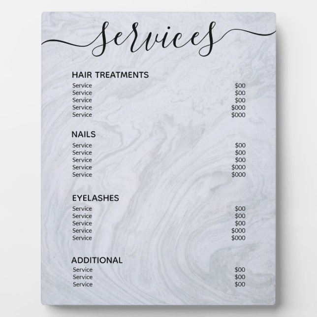 Modern Grey Marble Salon Price List Service Menu Plaque (Front)