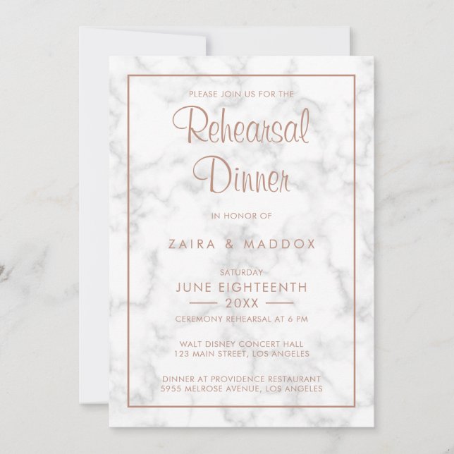 Modern Grey Marble with Rose Gold Rehearsal Dinner Invitation (Front)