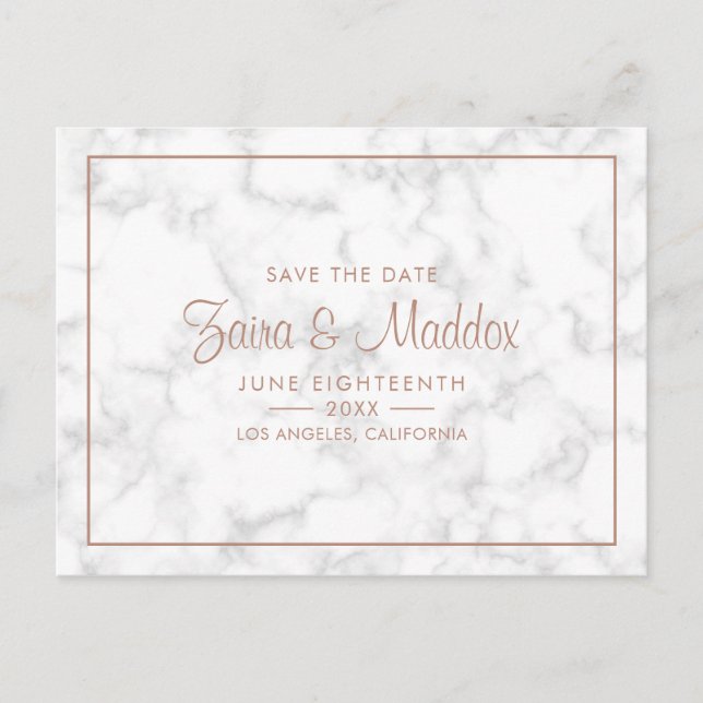 Modern Grey Marble with Rose Gold Save the Date Announcement Postcard (Front)
