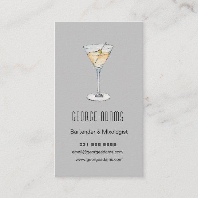 Modern grey Martini  Bartender Business Card (Front)