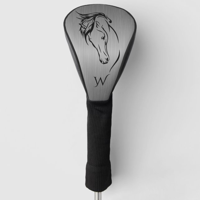 Modern Grey Metallic Horse Head Monogram Initial Golf Head Cover (Front)