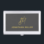 Modern Grey Monogram Business Card Holder<br><div class="desc">Keep your business cards organized and stylish with this modern dark grey business card case. The design features a monogram in mustard yellow, adding a personal touch to your professional look. This case is perfect for carrying in your bag or briefcase, and makes a great gift for colleagues and clients....</div>