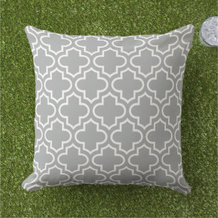 Modern Grey Moroccan Quatrefoil Pattern Outdoor Pillow