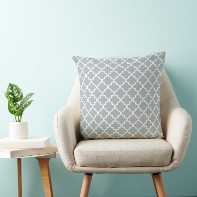 Modern Grey Moroccan Quatrefoil Pattern Throw Pillow (Chair)