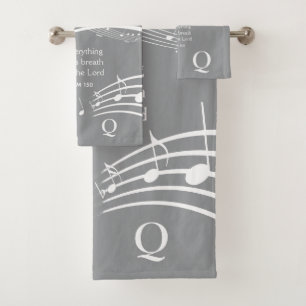 Modern Grey Music Notes Monogram  Bath Towel Set