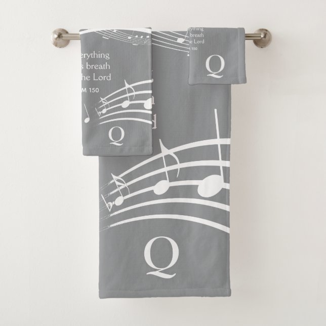 Modern Grey Music Notes Monogram  Bath Towel Set (Insitu)