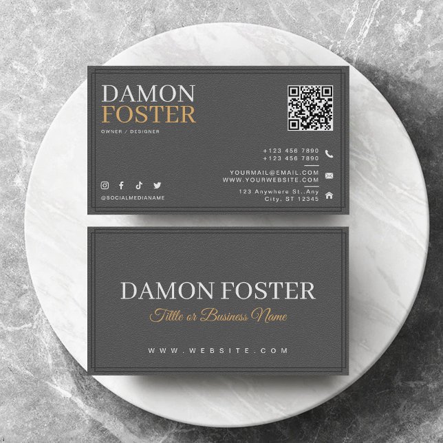 Modern Grey Neutral Leather Minimalist QR Code Business Card (Creator Uploaded)