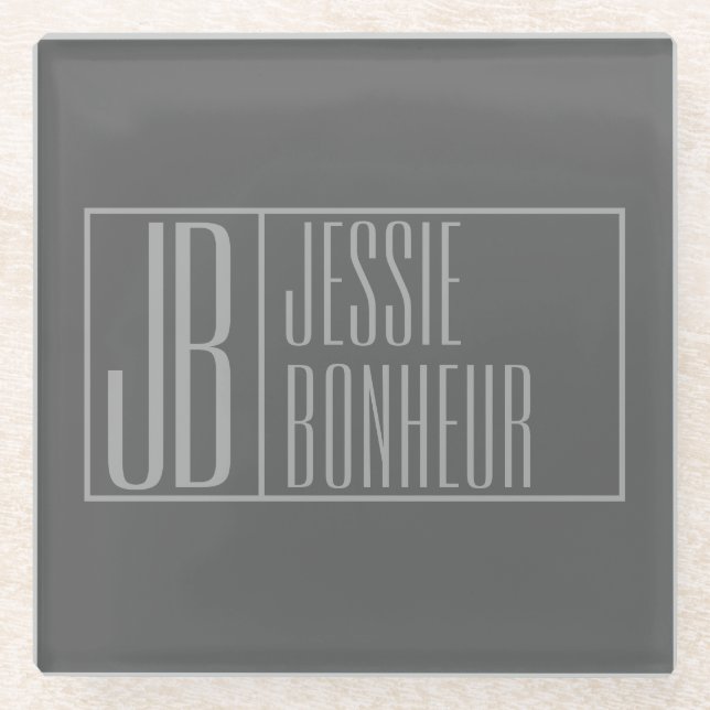 Modern, Grey on Dark Grey, Initials & Name Logo Glass Coaster (Front)