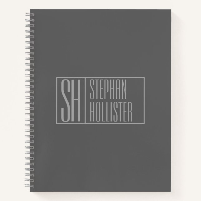Modern, Grey on Dark Grey, Initials & Name Logo Notebook (Front)