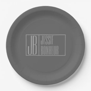 Modern, Grey on Dark Grey, Initials & Name Logo Paper Plate