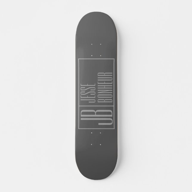 Modern, Grey on Dark Grey, Initials & Name Logo Skateboard (Front)