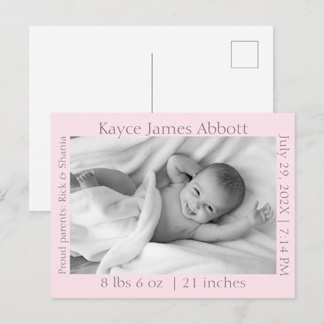 Modern Grey on Pastel Pink Baby  Announcement Postcard (Front/Back)