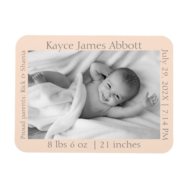 Modern Grey on Pastel Salmon Birth Announcement Magnet (Horizontal)