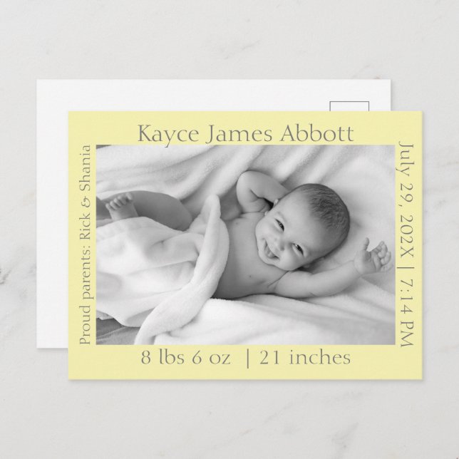 Modern Grey on Pastel Yellow Baby Announcement  (Front/Back)