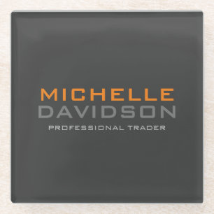 Modern Grey Orange Bold Text Minimalist Name Glass Coaster