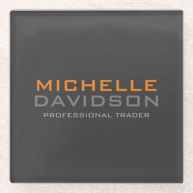Modern Grey Orange Bold Text Minimalist Name Glass Coaster (Front)