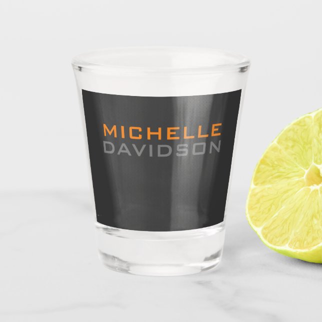 Modern Grey Orange Bold Text Minimalist Name Shot Glass (Front)