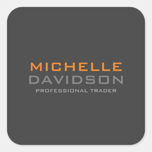 Modern Grey Orange Bold Text Minimalist Name Square Sticker (Front)