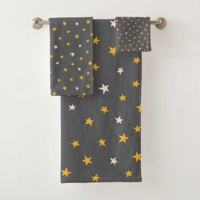 Modern grey pattern white yellow stars  bath towel set (Insitu)