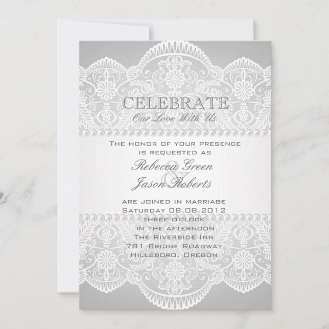 modern Grey pearl white lace vintage wedding Invitation (Front)