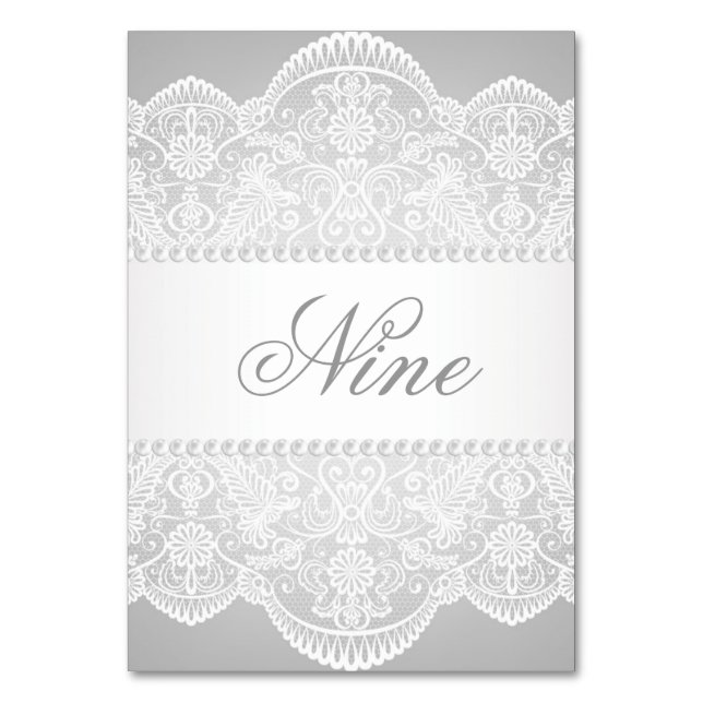 modern Grey pearl white lace vintage wedding Table Number (Front)
