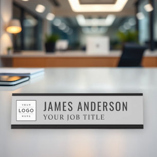 Modern Grey Personalized Business Logo Desk Name Plate