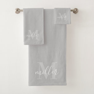 Modern Grey Personalized Family Name Monogram Bath Towel Set