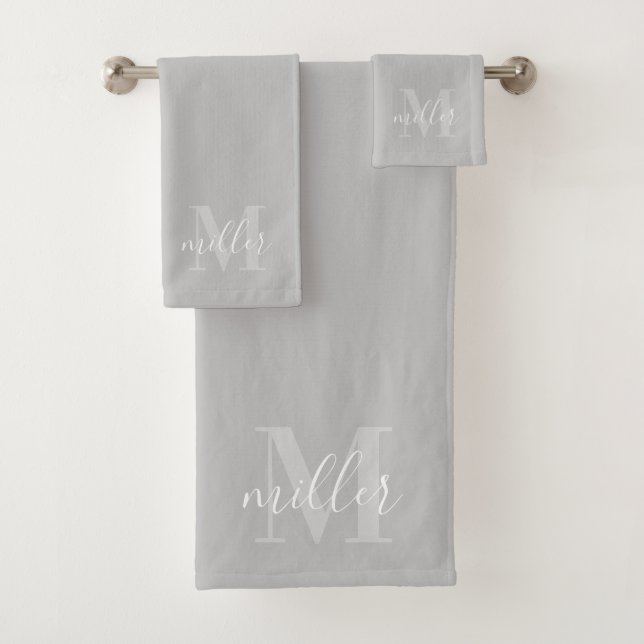 Modern Grey Personalized Family Name Monogram Bath Towel Set (Insitu)