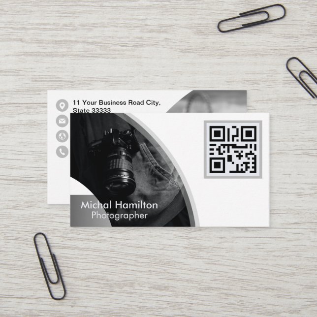 Modern Grey Photographer Business Card (Front/Back In Situ)