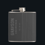 Modern Grey Pin Stripes Personalized Groomsman Hip Flask<br><div class="desc">Add a personal touch to your wedding with personalized groomsmen flask. This flask features personalized groomsman's name with title and date in grey. In classic modern font style, on dark grey background. Also perfect for best man, father of the bride and more. Message me if you need assistance or have...</div>