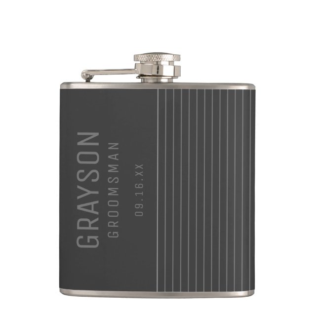 Modern Grey Pin Stripes Personalized Groomsman Hip Flask (Front)