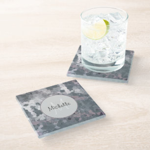 Modern Grey Pink Circles Mammogram Personalize Glass Coaster