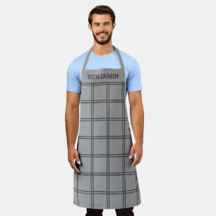 Modern Grey Plaid Lines Personalized Dad Cook Apron