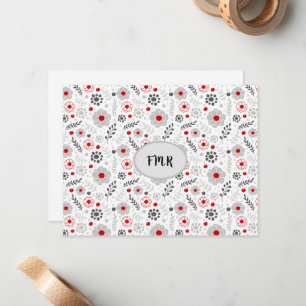 Modern Grey Red Floral Monogram Card
