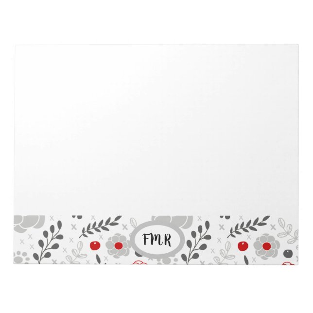 Modern Grey Red Floral Monogram Notepad (Front)