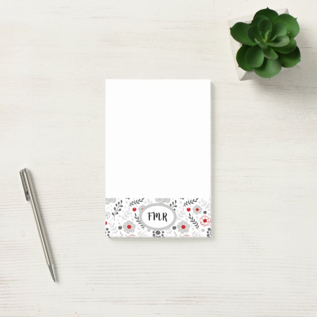 Modern Grey Red Floral Monogram Post-it Notes (Office)