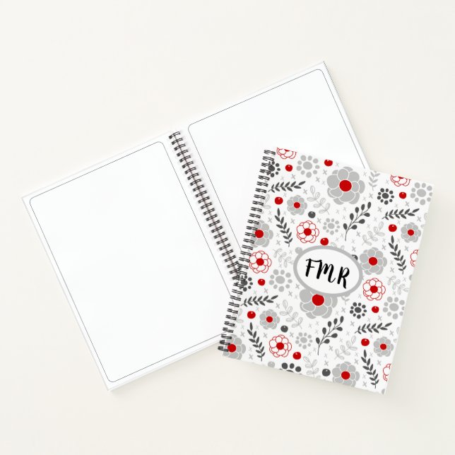 Modern Grey Red Floral Monogram Sketch Notebook (Inside)