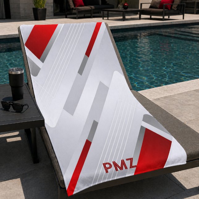 Modern Grey Red Geometric Monogram Beach Towel (Creator Uploaded)