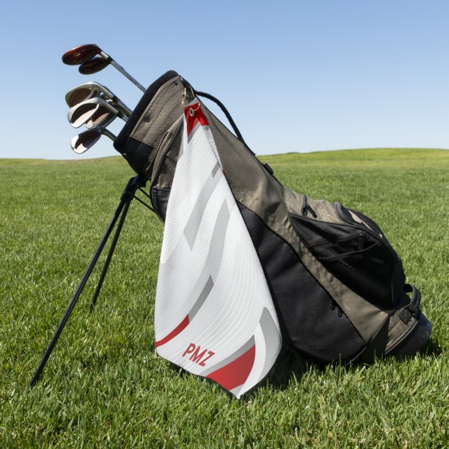 Modern Grey Red Geometric Monogram Golf Towel (Green)