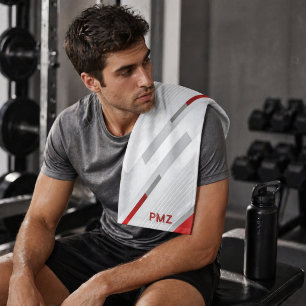 Modern Grey Red Geometric Monogram Sports Hand Towel