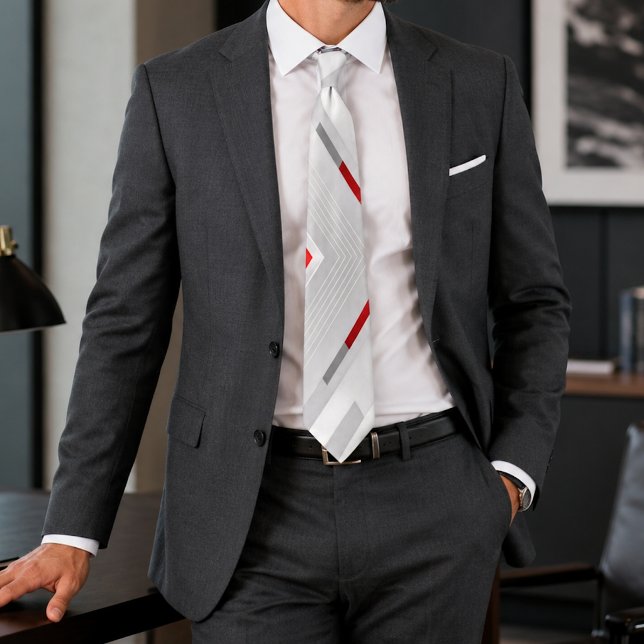 Modern Grey Red Geometric  Tie (Creator Uploaded)