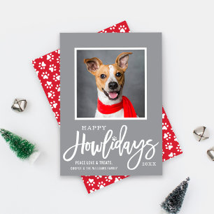 Modern Grey Red Happy Howlidays Puppy Dog Photo Holiday Card