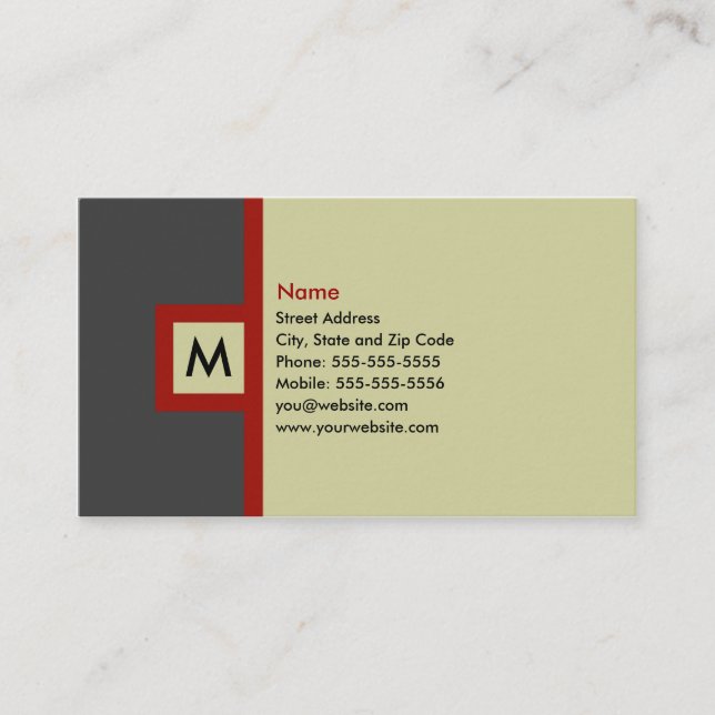Modern Grey & Red Monogram Business Card (Front)