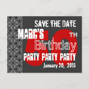 Modern Grey Red Save the Date 50th Birthday 45W Announcement Postcard