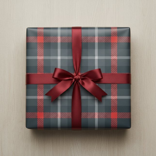 Modern Grey & Red Tartan: Sleek Plaid  Wrapping Paper (Royal Stewart Tartan Wrapping Paper)