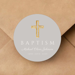 Modern Grey Religious Cross Baptism Classic Round Sticker