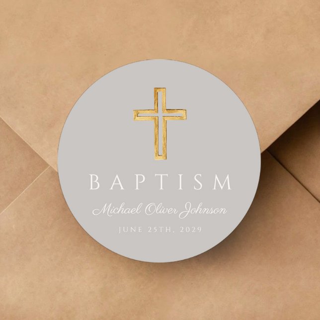 Modern Grey Religious Cross Baptism Classic Round Sticker (Modern Gray Religious Cross Baptism Classic Round Sticker)